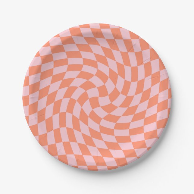 Retro Pastel Peach Checks Warped Chequerboard  Paper Plate (Front)
