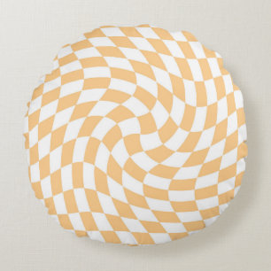 Retro Pastel Peach White Warped Check Chequered Round Cushion