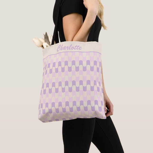 Retro Pastel Pink and Purple Pattern Personalised Tote Bag (Close Up)