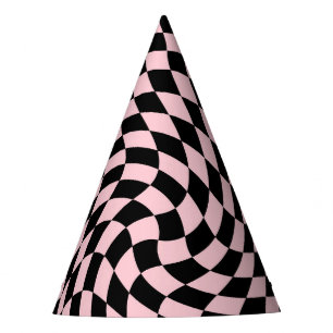 Retro Pastel Pink & Black Chequered     Party Hat