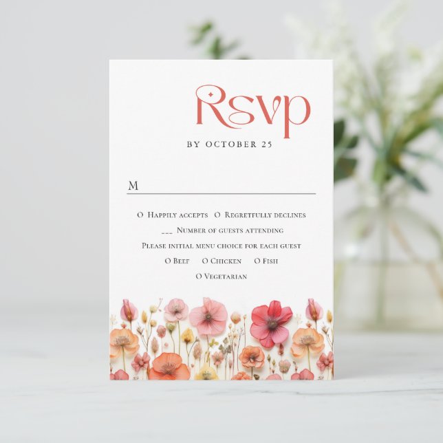 Retro Pastel Pink Boho Wild Flowers Wedding RSVP Card (Standing Front)