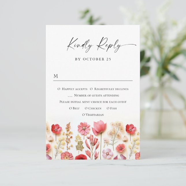 Retro Pastel Pink Boho Wild Flowers Wedding RSVP Card (Standing Front)