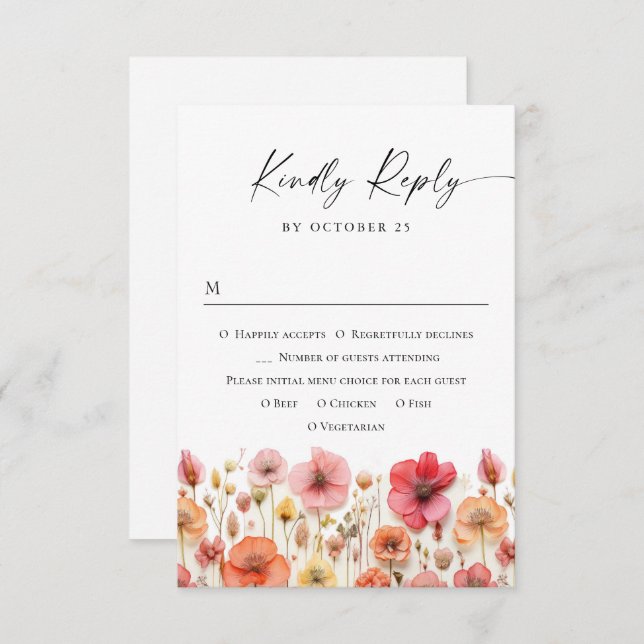 Retro Pastel Pink Boho Wild Flowers Wedding RSVP Card (Front/Back)