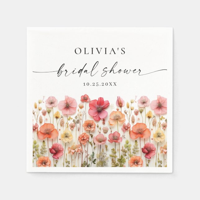 Retro Pastel Pink Boho Wildflower Bridal Shower Napkin (Front)