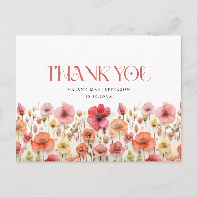 Retro Pastel Pink Boho Wildflower Thank You Postcard (Front)