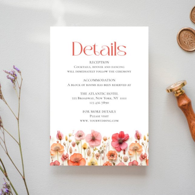 Retro Pastel Pink Boho Wildflower Wedding Details Enclosure Card (Creator Uploaded)