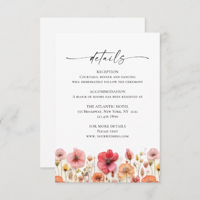 Retro Pastel Pink Boho Wildflower Wedding Details Enclosure Card (Front/Back)