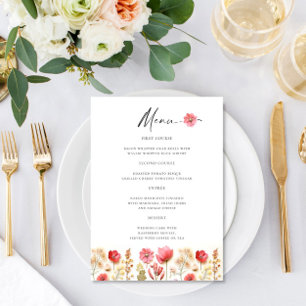 Retro Pastel Pink Boho Wildflower Wedding Details Menu