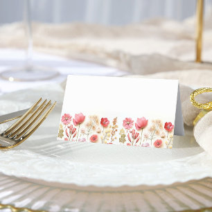 Retro Pastel Pink Boho Wildflower Wedding Place Card