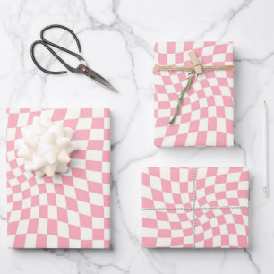 Retro Pastel Pink Checks Warped Checkered Dorm  Wrapping Paper Sheet