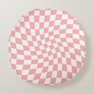 Retro Pastel Pink Checks Warped Chequered Dorm  Round Cushion