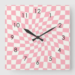 Retro Pastel Pink Checks Warped Chequered Dorm Square Wall Clock