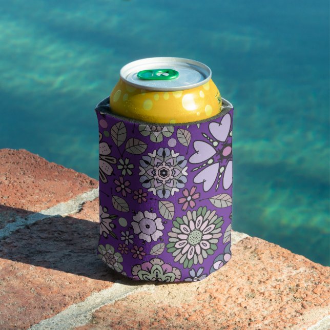 Retro Pastel Pink Purple Floral Seamless Pattern Can Cooler (In Situ Pool)
