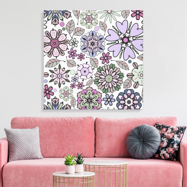 Retro Pastel Pink Purple Floral Seamless Pattern Canvas Print (Insitu(LivingRoom))