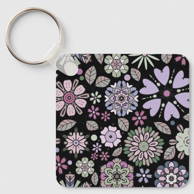 Retro Pastel Pink Purple Floral Seamless Pattern Key Ring (Front)