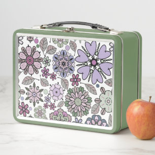 Retro Pastel Pink Purple Floral Seamless Pattern Metal Lunch Box