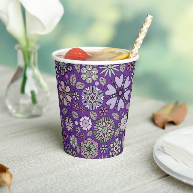 Retro Pastel Pink Purple Floral Seamless Pattern Paper Cups (Insitu)