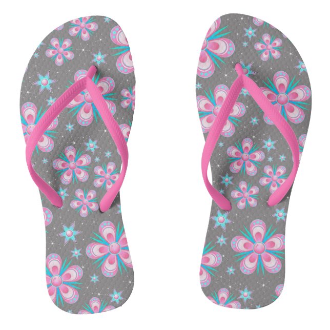 Retro Pastel Pink Stylish Flowers Artwork Jandals (Footbed)