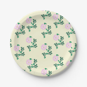 Retro Pastel Pink Wild Rose Flower Pattern Paper Plate