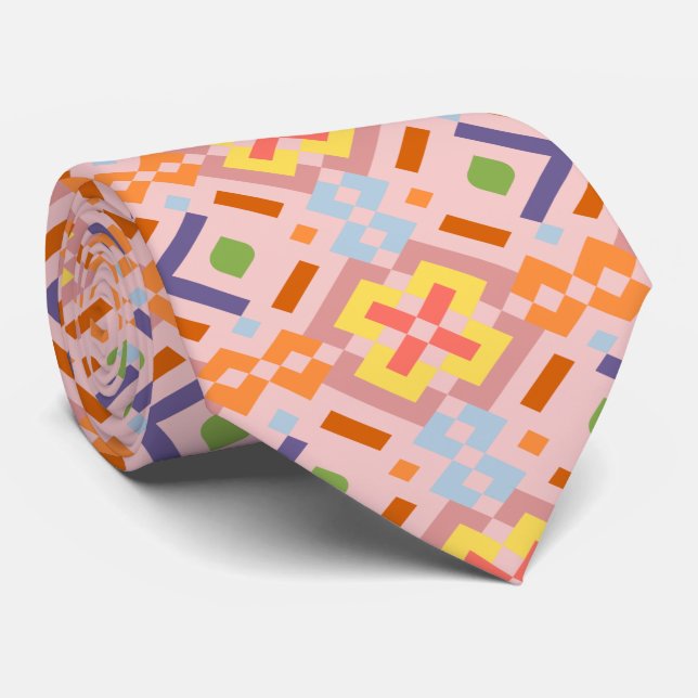 Retro Pastel Pixel Mosaic Geometric Pattern Tie (Rolled)