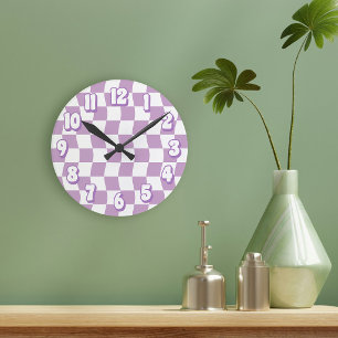 Retro Pastel Purple White Wavy Chequerboard Round Clock
