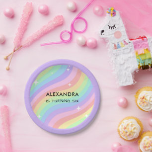 Retro Pastel Rainbow 6th Birthday Paper Plate