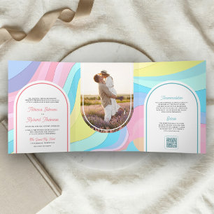 Retro Pastel Rainbow Arch Photo QR Code Wedding Tri-Fold Invitation