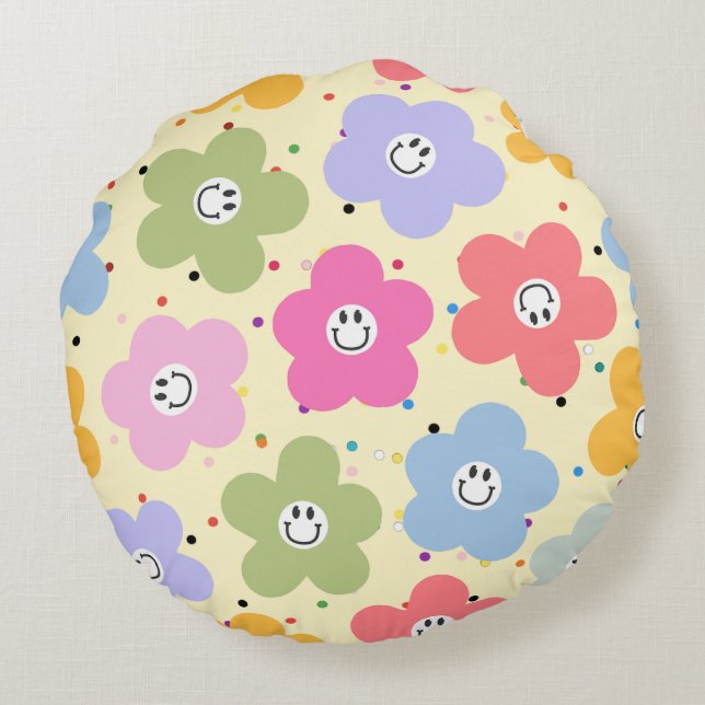 Retro Pastel Smiley Flower Pattern Round Throw Pil Cushion (Back)
