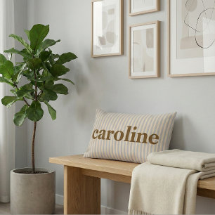 Retro Pastel Stripe Personalized Brown Name Lumbar Cushion