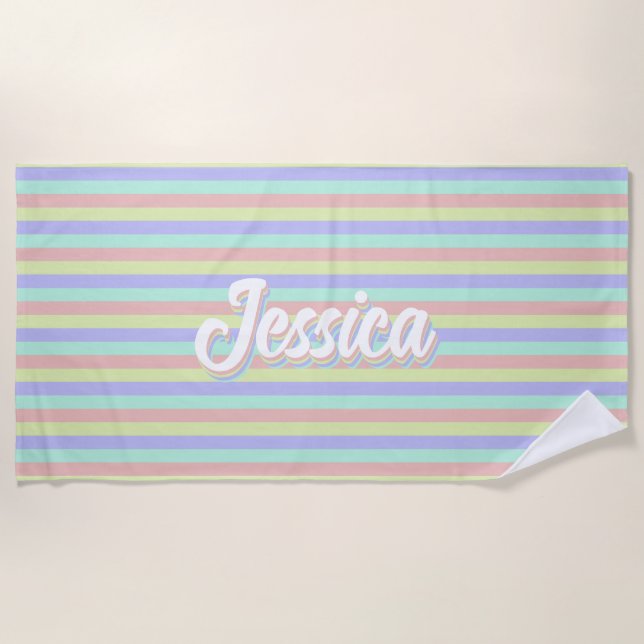 Retro Pastel Stripes Personalised Name Beach Towel (Front)