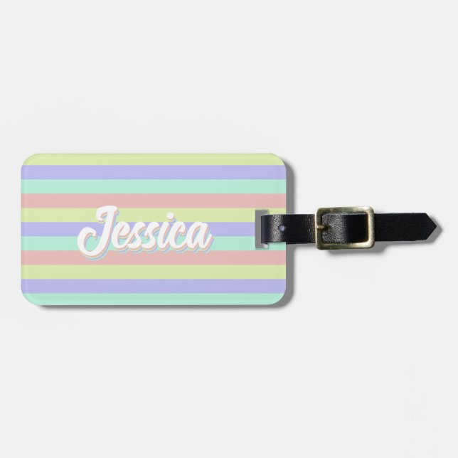 Retro Pastel Stripes Personalised Name Luggage Tag (Front Horizontal)