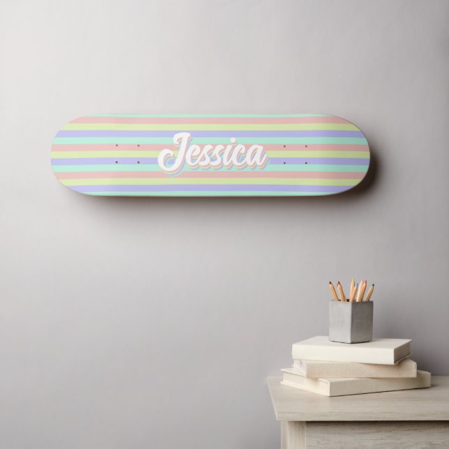 Retro Pastel Stripes Personalised Name  Skateboard (Wall Art (Horz))