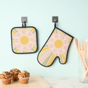 Retro Pastel Sunshine Personalized Kitchen Oven Mitt & Pot Holder Set