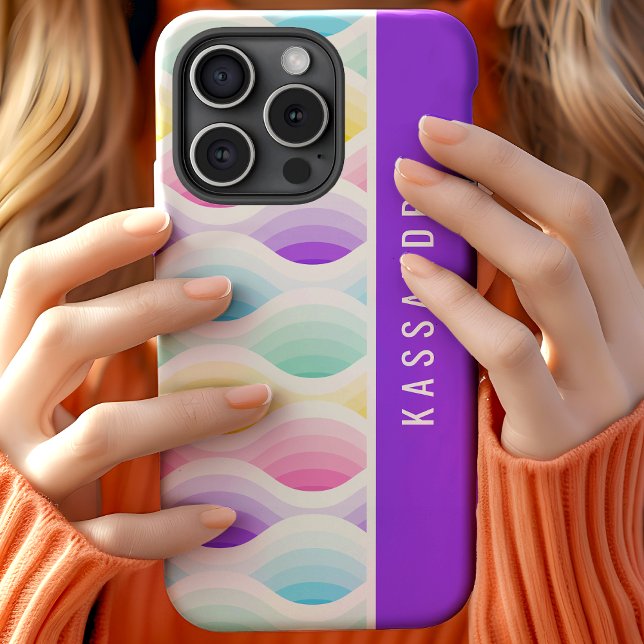 Retro Pastel Waves Modern Script Name iPhone 15 Case (Creator Uploaded)
