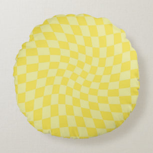 Retro Pastel Yellow Checks Warped Chequered Dorm  Round Cushion