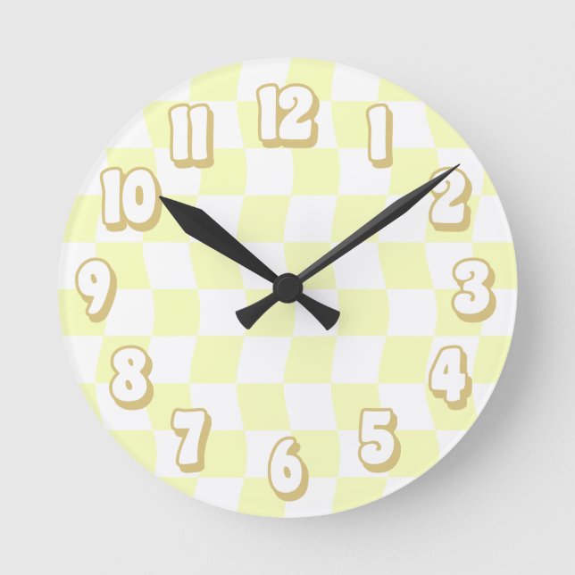 Retro Pastel Yellow White Wavy Chequerboard Round Clock (Front)