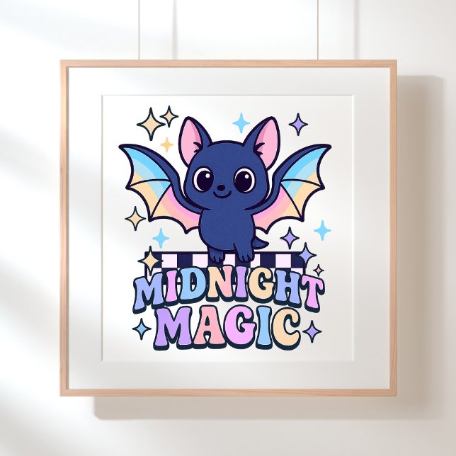 Retro Pastelcore Cute Halloween Bat & Chequerboard Poster (The midnight magic kawaii bat design shines with retro pastel charm.)