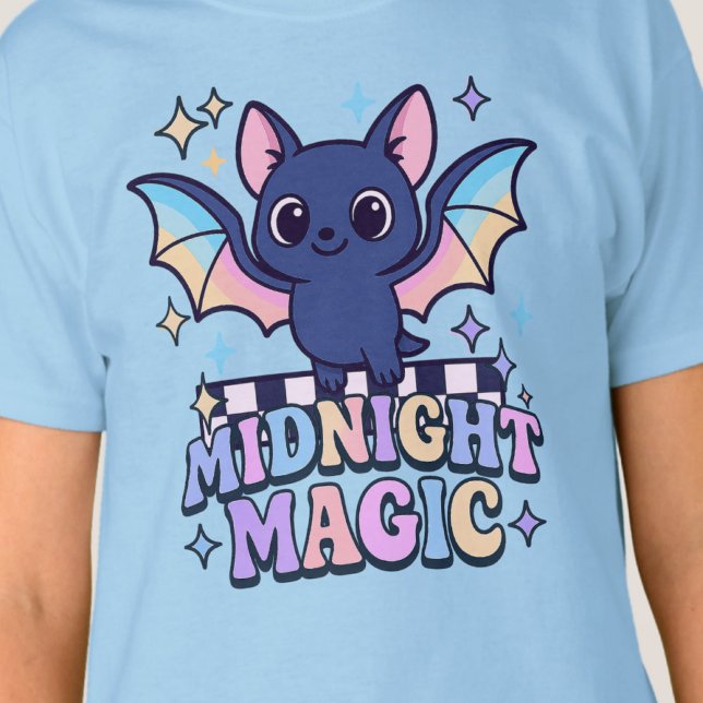 Retro Pastelcore Cute Halloween Bat & Chequerboard T-Shirt (The midnight magic kawaii bat design shines with retro pastel charm.)