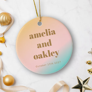 Retro Pastels Gradient Unique Wedding Photo Ceramic Tree Decoration