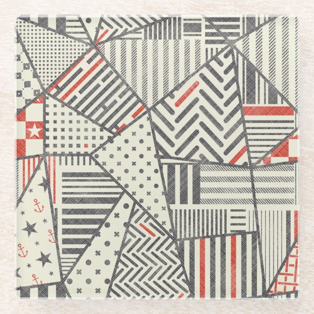 Retro Patchwork: Abstract Geometric Design Glass Coaster (Front)