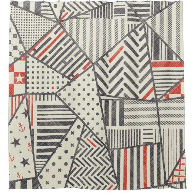 Retro Patchwork: Abstract Geometric Design Shower Curtain (Front)