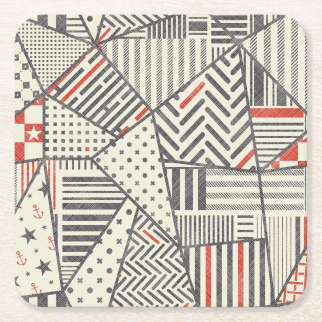 Retro Patchwork: Abstract Geometric Design Square Paper Coaster (Front)