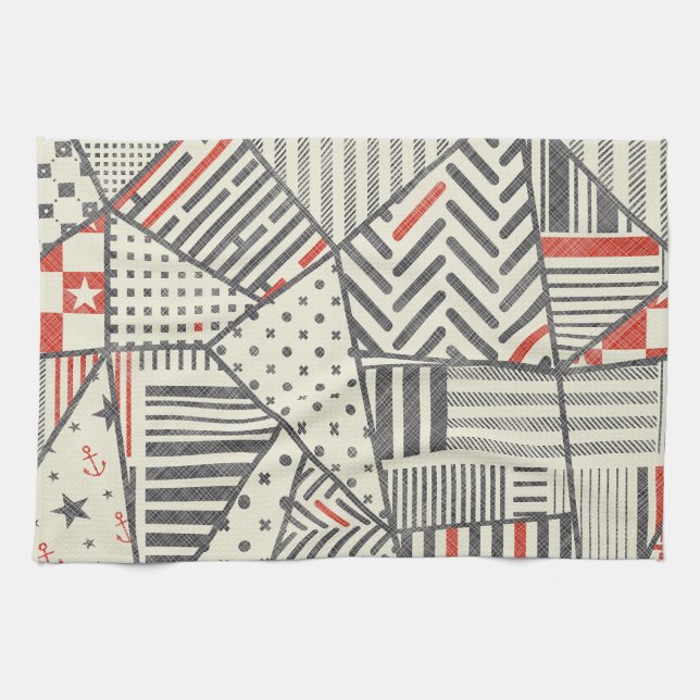 Retro Patchwork: Abstract Geometric Design Tea Towel (Horizontal)
