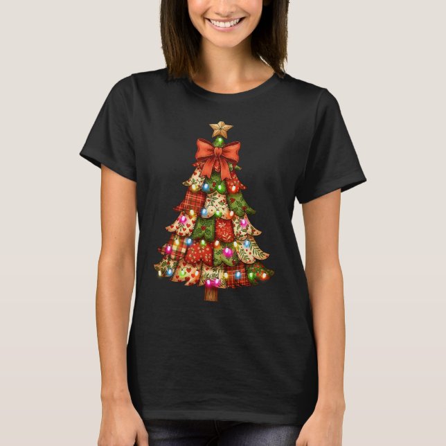 Retro Patchwork Bow Christmas,rustic Country Chris T-Shirt (Front)