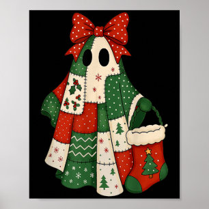 Retro Patchwork Christmas Ghost Coquette Bow X-mas Poster