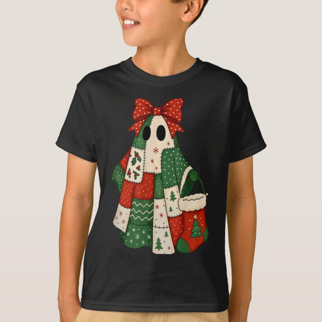 Retro Patchwork Christmas Ghost Coquette Bow X-mas T-Shirt (Front)