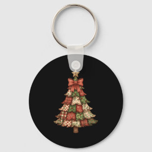 Retro Patchwork Christmas Tree Vintage Merry Xmas Key Ring