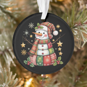 Retro Patchwork Snowman Merry Christmas Coquette  Ornament