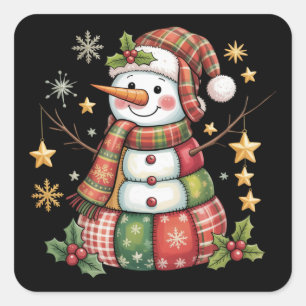 Retro Patchwork Snowman Merry Christmas Coquette Square Sticker