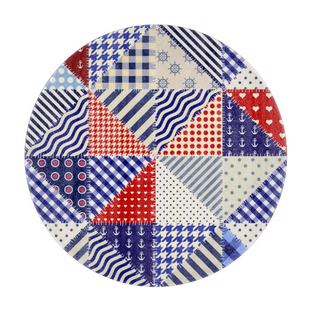 Retro Patchwork Triangles Nautical Style Cutting Board (Front)